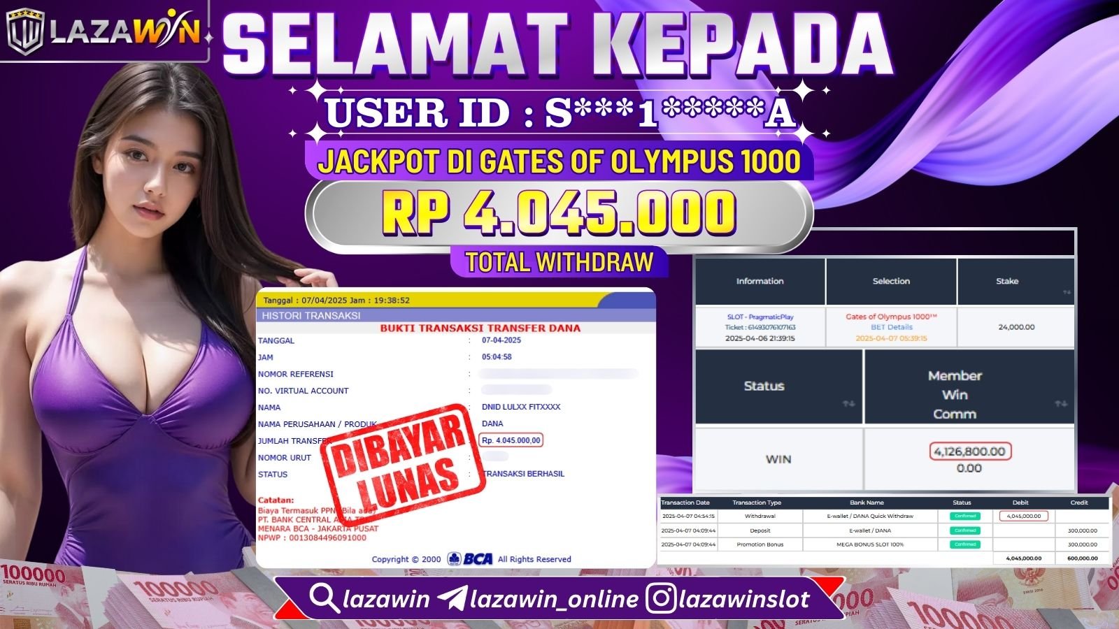 LAZAWIN JACKPOT di SLOT GATES OF OLYMPUS 1000 Rp.4.045.000,- LUNAS