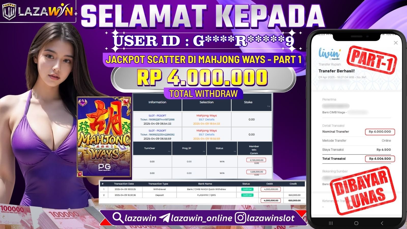 LAZAWIN JACKPOT SCATTER di SLOT MAHJONG WAYS - PART 1 Rp.4.000.000,- LUNAS
