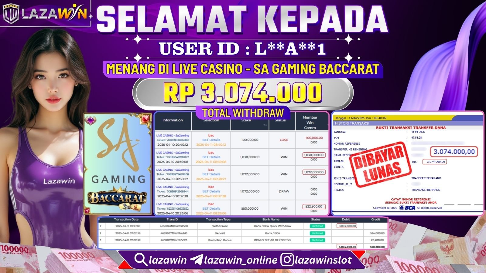 LAZAWIN MENANG di LIVE CASINO - SA GAMING BACCARAT Rp.3.074.000,- LUNAS