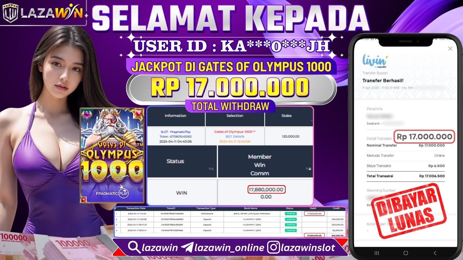 LAZAWIN JACKPOT di SLOT GATES OF OLYMPUS 1000 Rp.17.000.000,- LUNAS