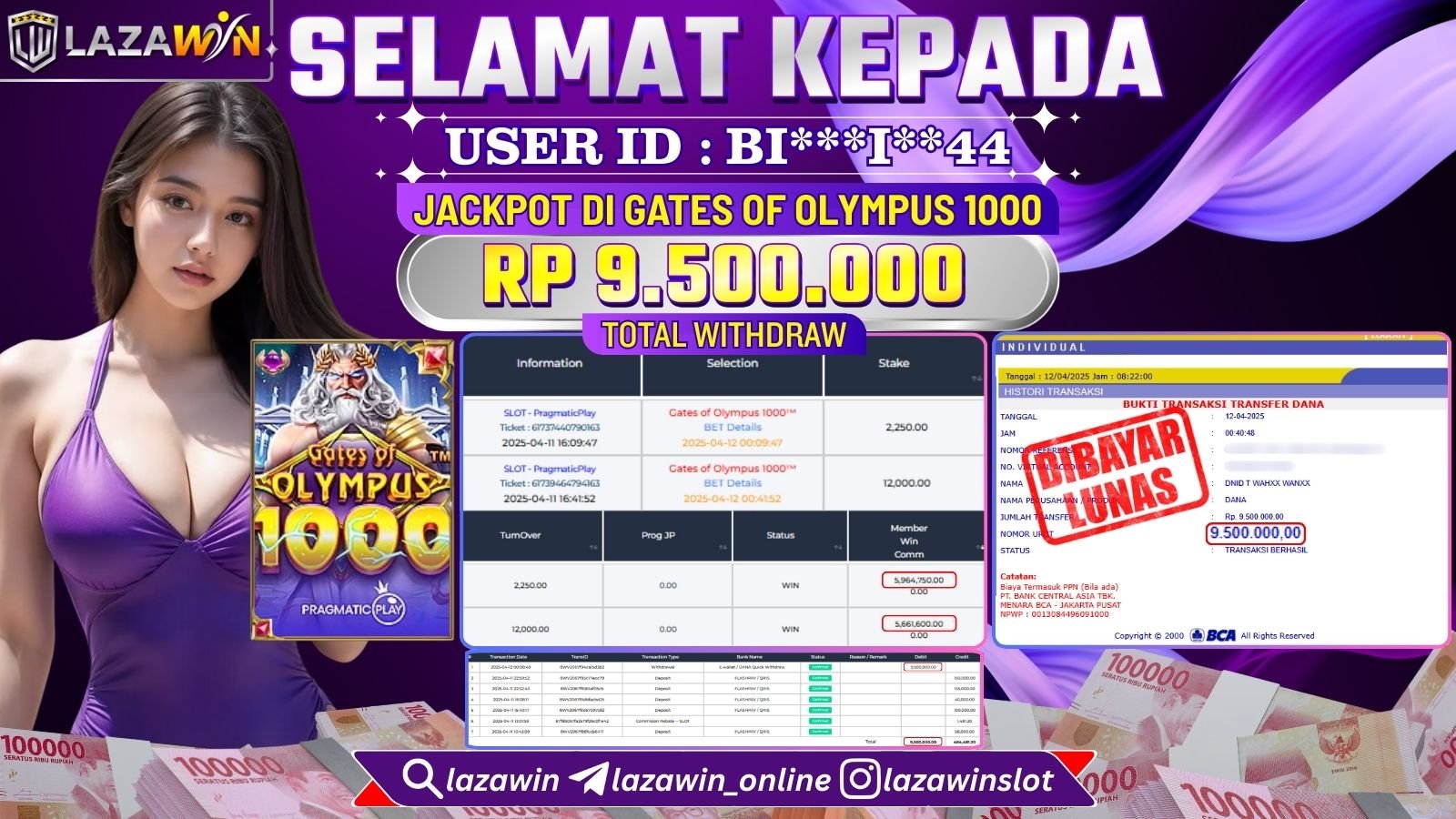 LAZAWIN JACKPOT di SLOT GATES OF OLYMPUS 1000 Rp.9.500.000,- LUNAS