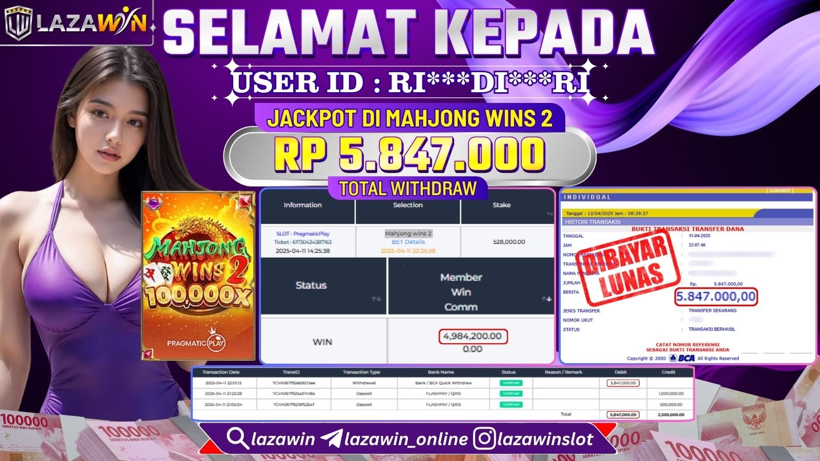 LAZAWIN JACKPOT di SLOT MAHJONG WINS 2 Rp.5.847.000,- LUNAS