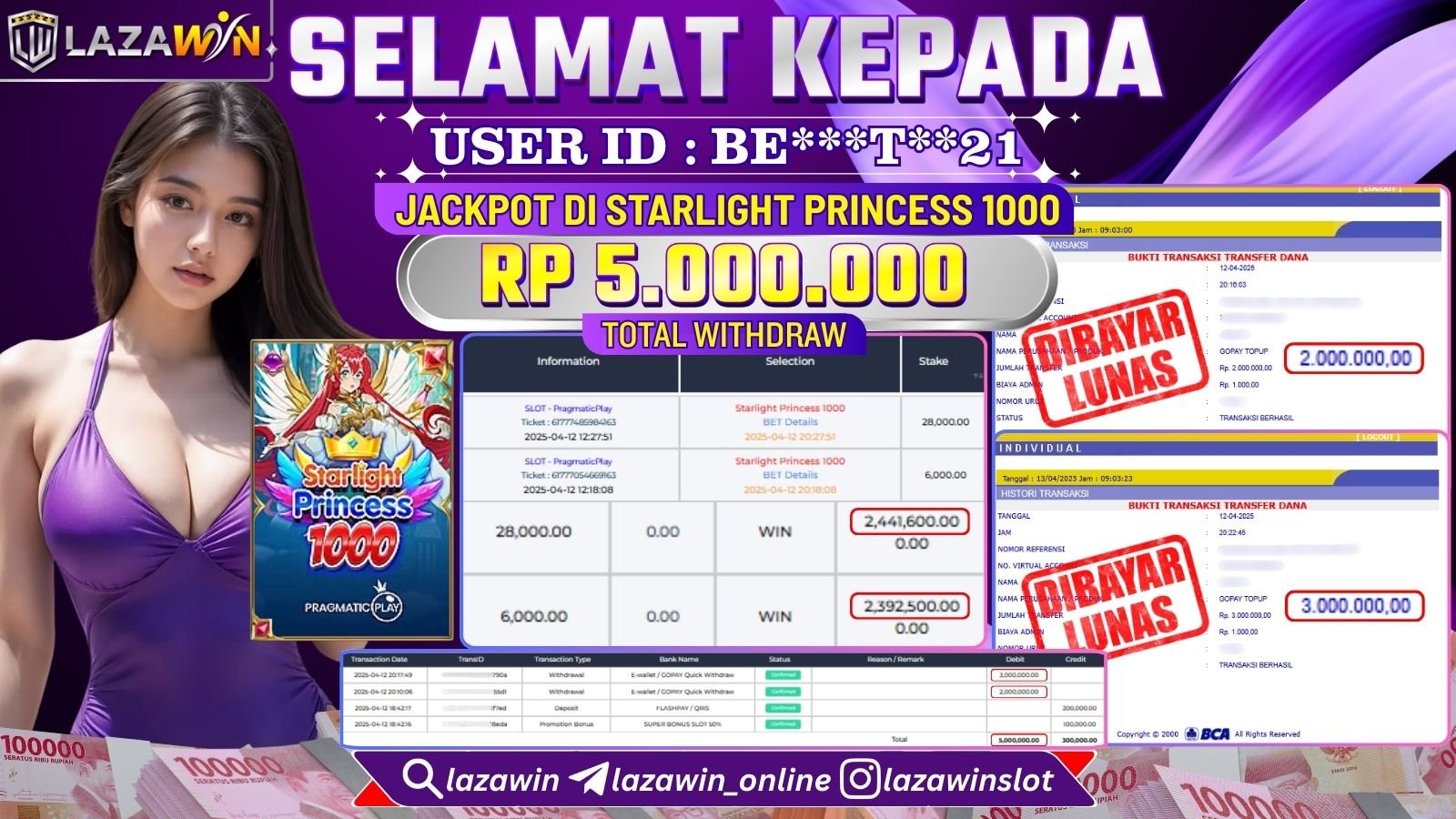 LAZAWIN JACKPOT di STARLIGHT PRINCESS 1000 Rp.5.000.000,- LUNAS