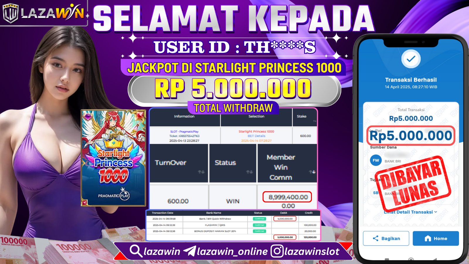 LAZAWIN JACKPOT di STARLIGHT PRINCESS 1000 Rp.5.000.000,- LUNAS
