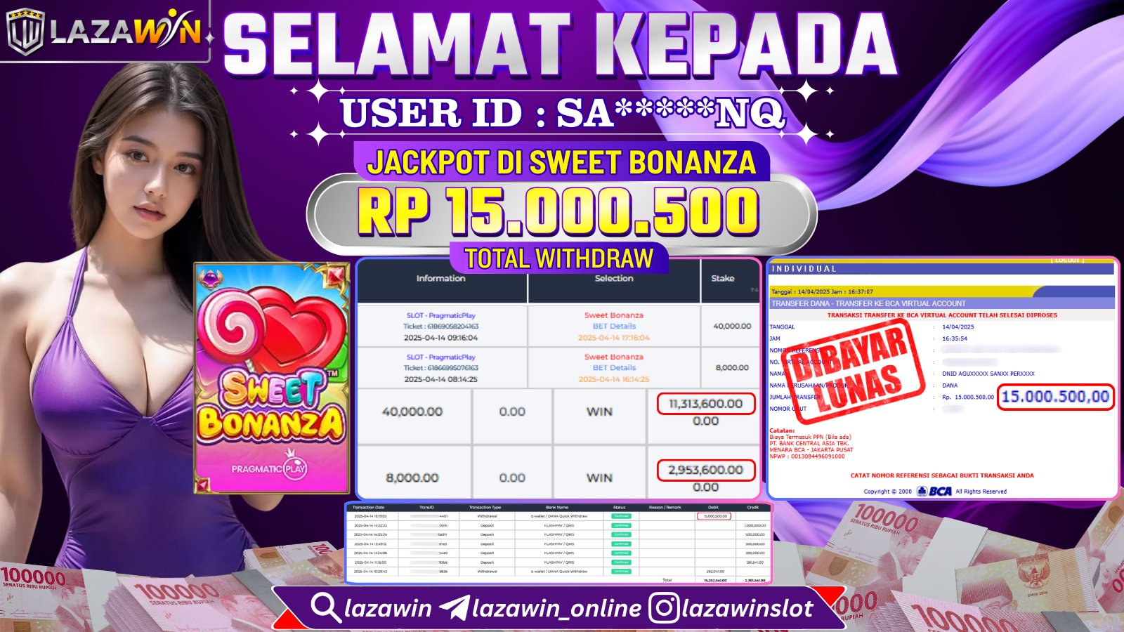 LAZAWIN JACKPOT di SLOT SWEET BONANZA Rp.15.000.500,- LUNAS
