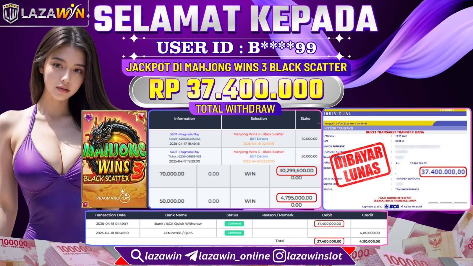 LAZAWIN JACKPOT di MAHJONG WINS 3 BLACK SCATTER Rp.37.400.000,- LUNAS