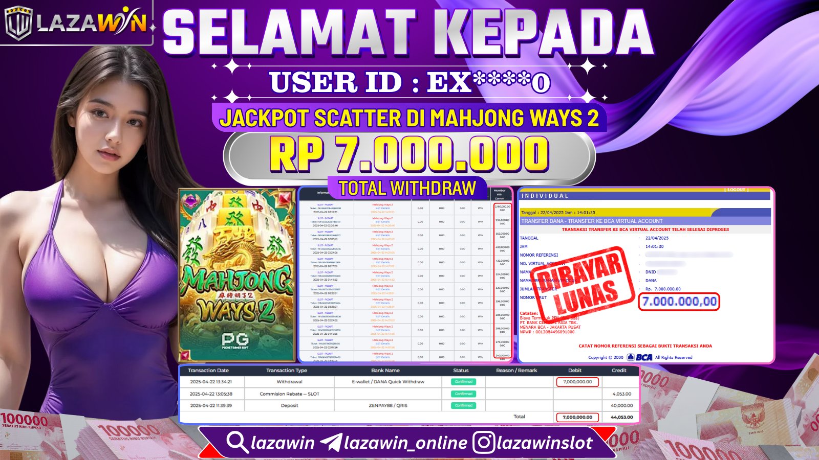 LAZAWIN JACKPOT SCATTER di SLOT MAHJONG WAYS 2 Rp.7.000.000,- LUNAS