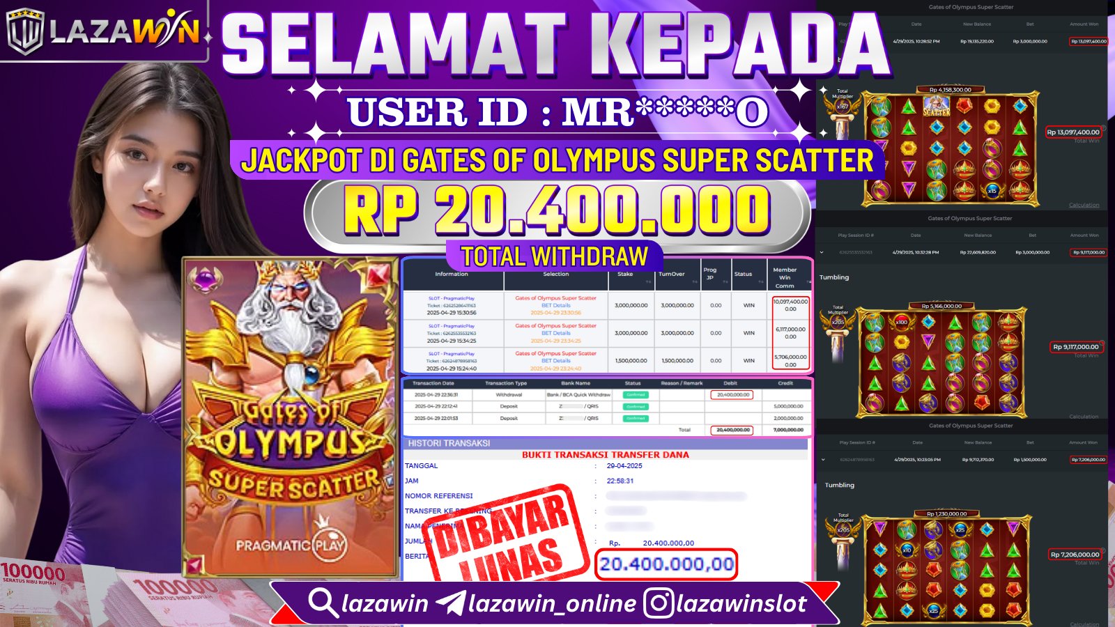 LAZAWIN JACKPOT di GATES OF OLYMPUS SUPER SCATTER Rp.20.400.000,- LUNAS