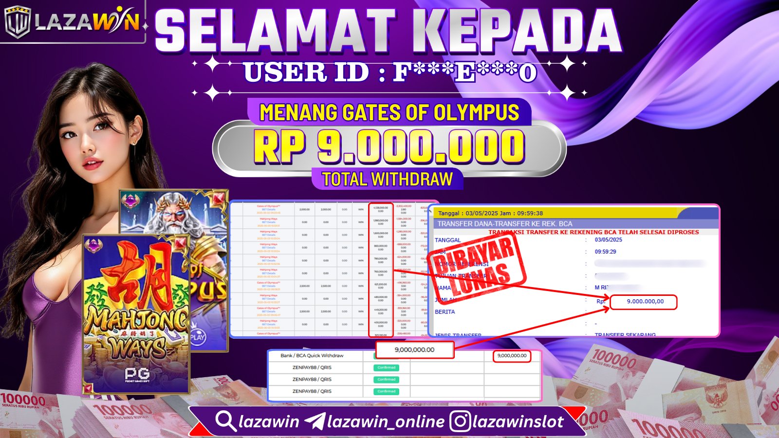 LAZAWIN JACKPOT di GATES OF OLYMPUS Rp.9.000.000,- LUNAS