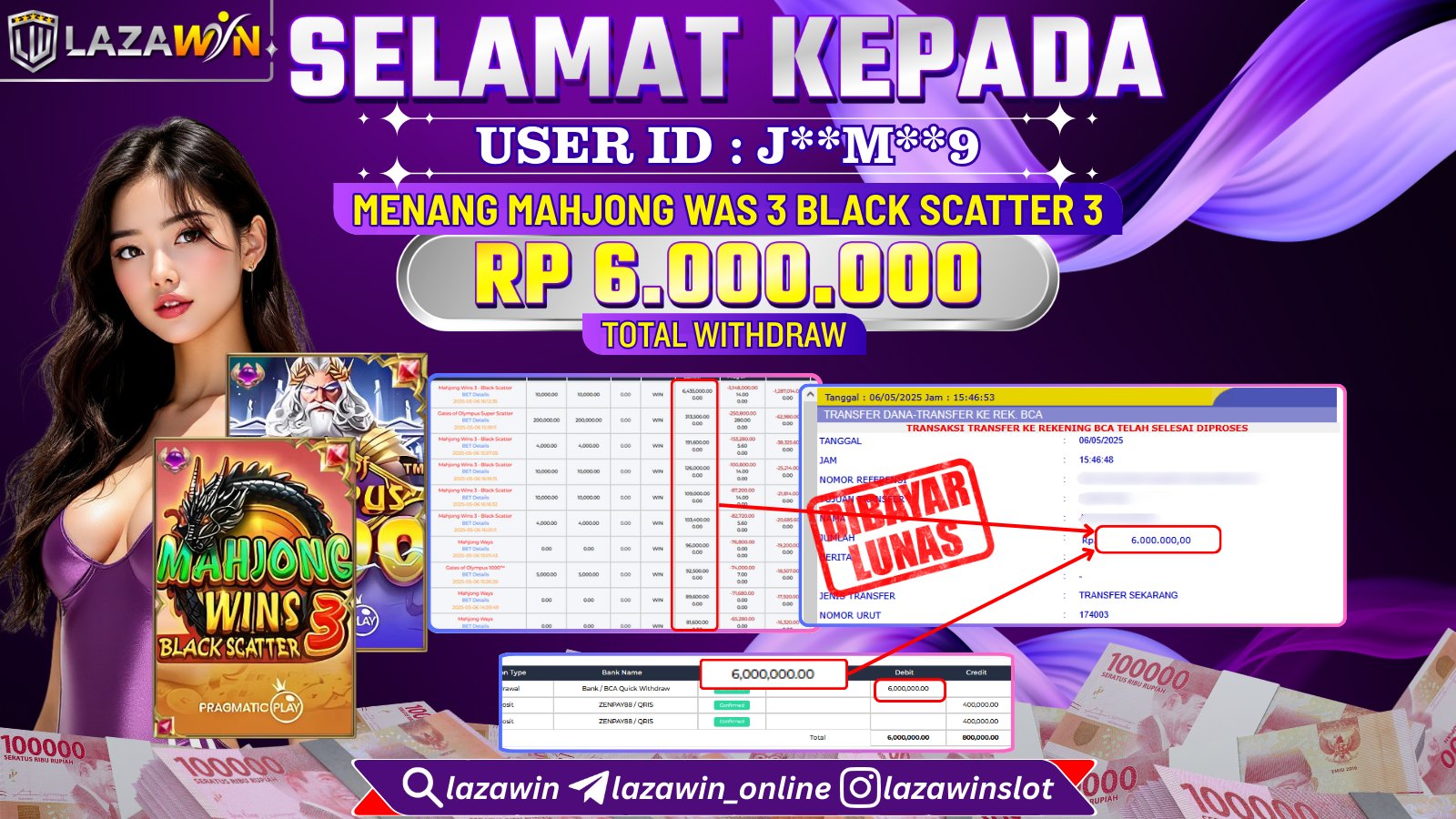 LAZAWIN JACKPOT di MAHJONG WAYS 3 BLACK SCATTER Rp.6.000.000,- LUNAS