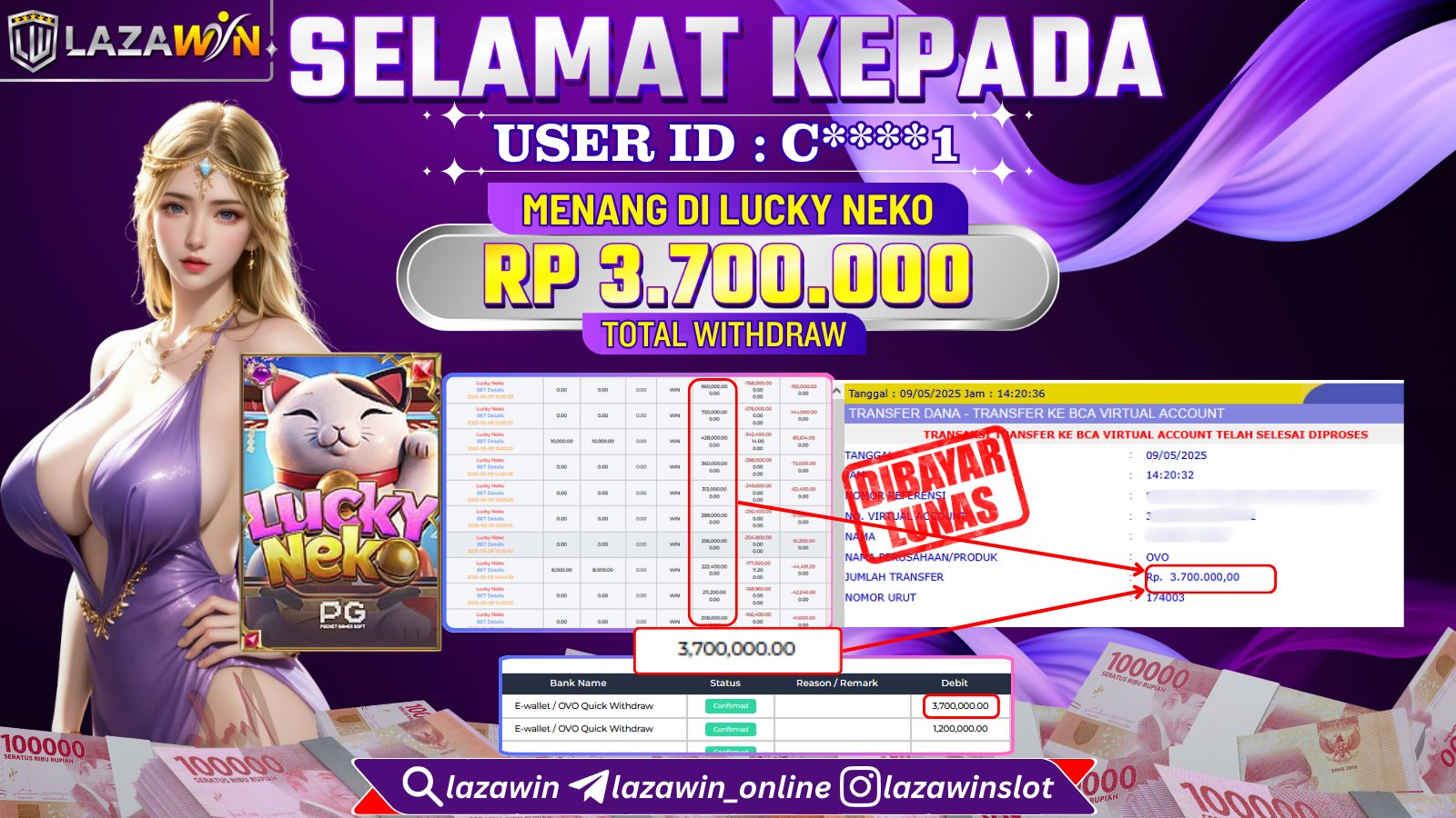 LAZAWIN JACKPOT di LUCKY NEKO Rp.3.700.000,- LUNAS