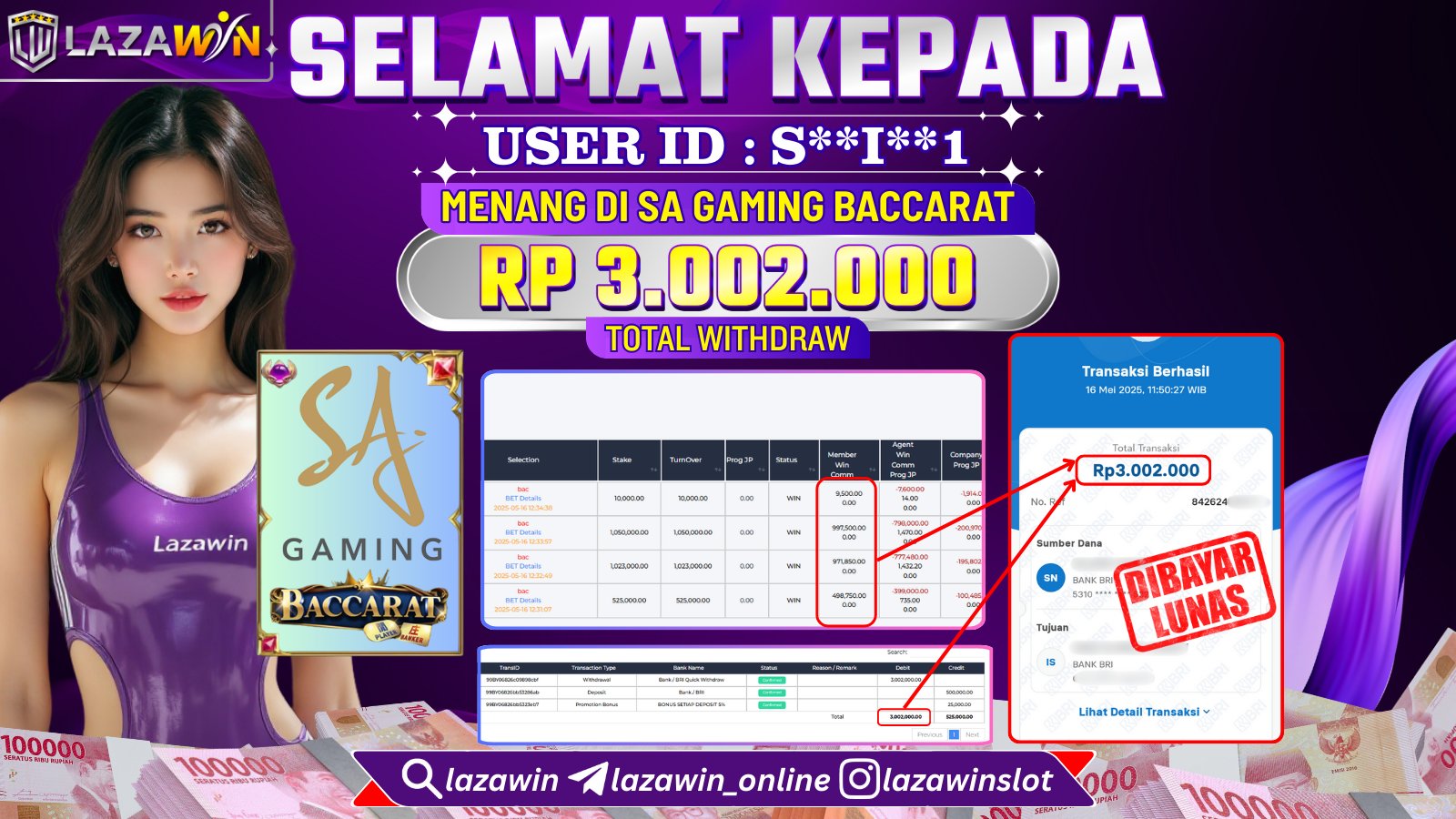 LAZAWIN JACKPOT di SA GAMING BACCARAT Rp.3.002.000,- LUNAS