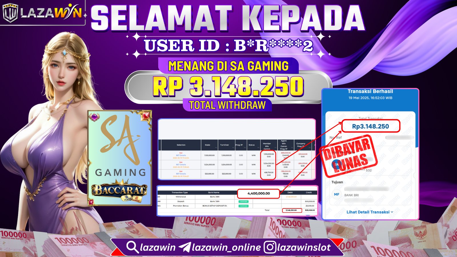 LAZAWIN JACKPOT di SA GAMING Rp.3.148.250,- LUNAS