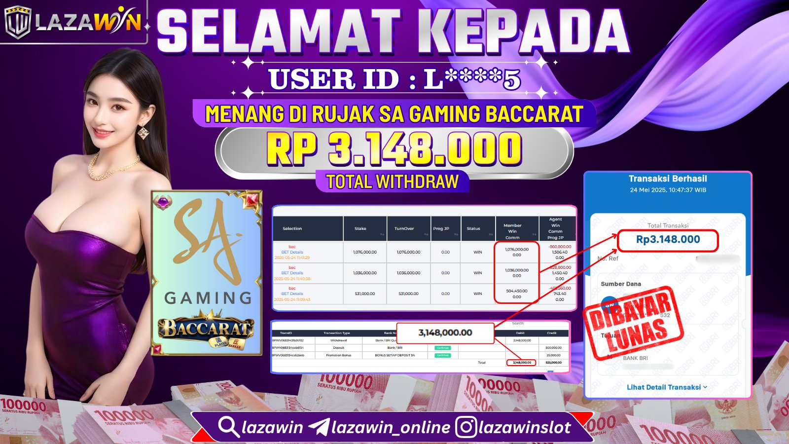 LAZAWIN JACKPOT di SA GAMING BACCARAT Rp.3.148.000,- LUNAS