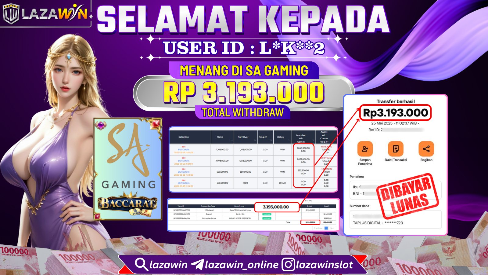 LAZAWIN JACKPOT di SA GAMING BACCARAT Rp.3.193.000,- LUNAS