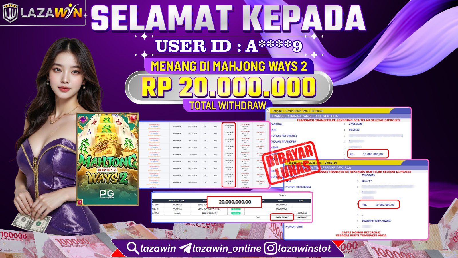 LAZAWIN JACKPOT di MAHJONG WAYS 2 Rp.20.000.000,- LUNAS