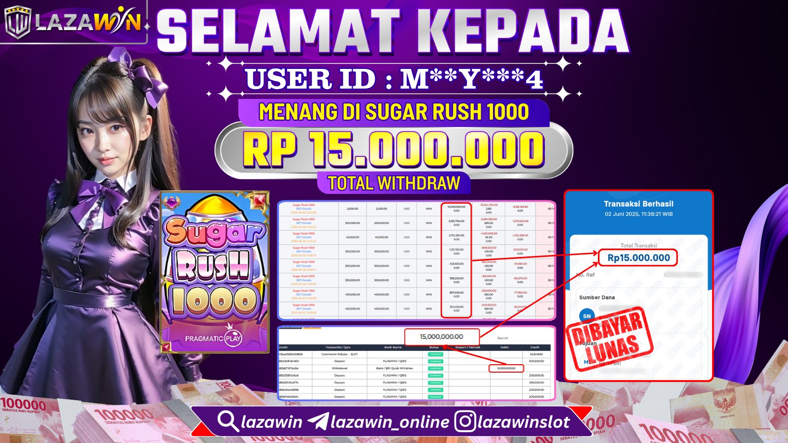 LAZAWIN JACKPOT di SUGAR RUSH 1000 Rp.15.000.000,- LUNAS