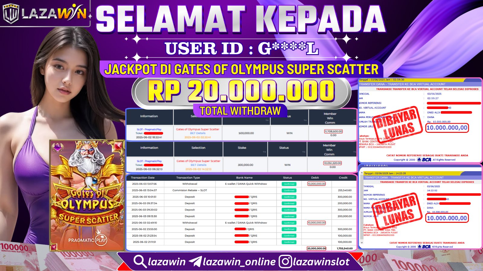 LAZAWIN JACKPOT di GATES OLYMPUS SUPER SCATTER Rp.20.000.000,- LUNAS