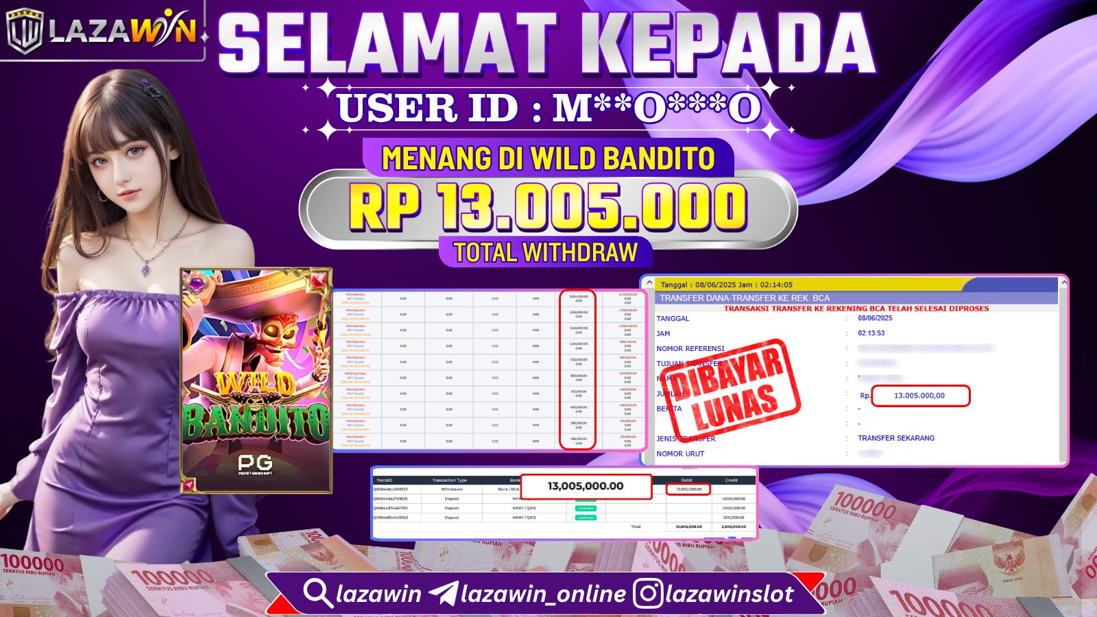 LAZAWIN JACKPOT di WILD BANDITO Rp.13.005.000,- LUNAS