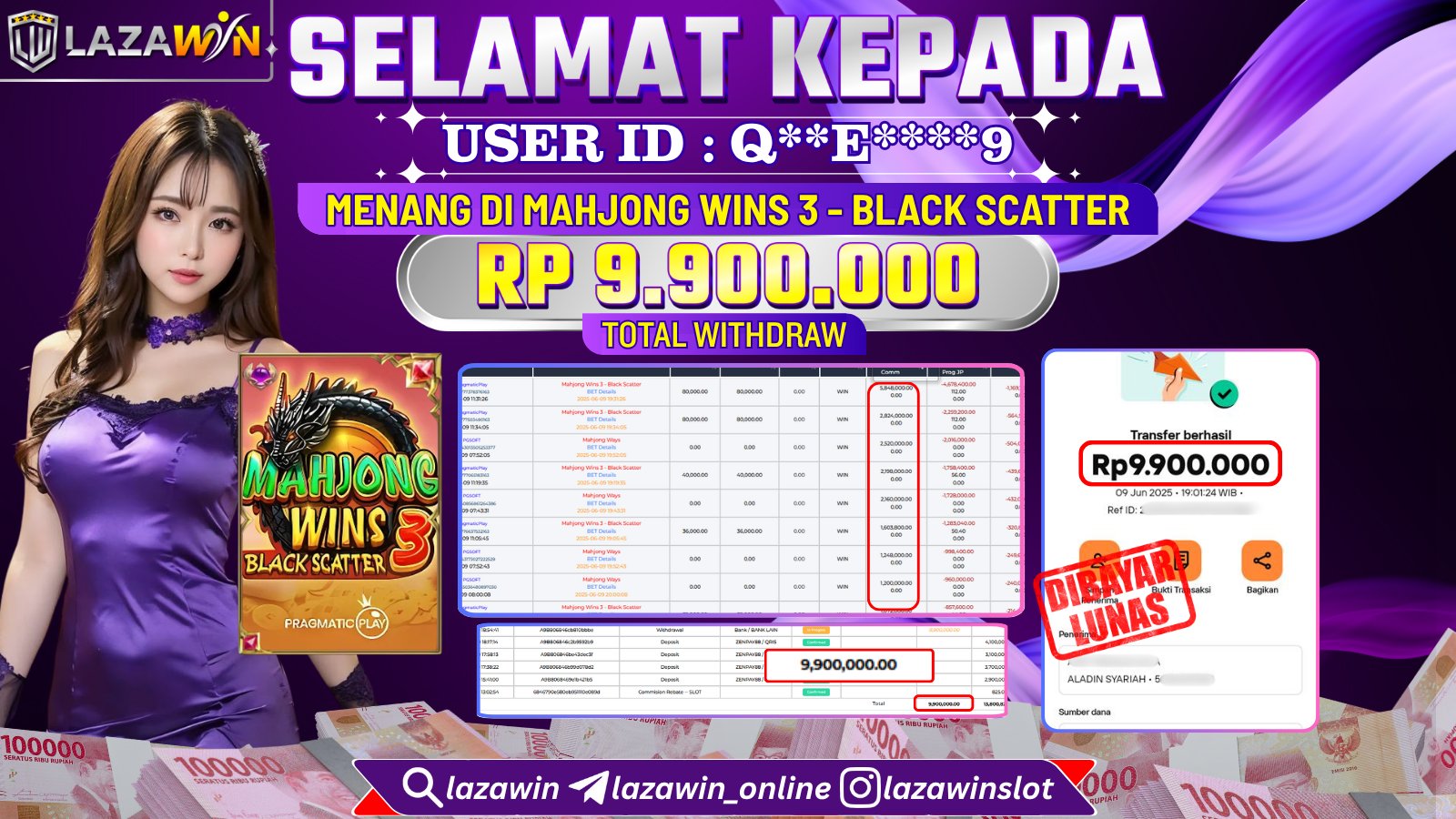 LAZAWIN JACKPOT di MAHJONG WINS 3 - BLACK SCATTER Rp.9.900.000,- LUNAS