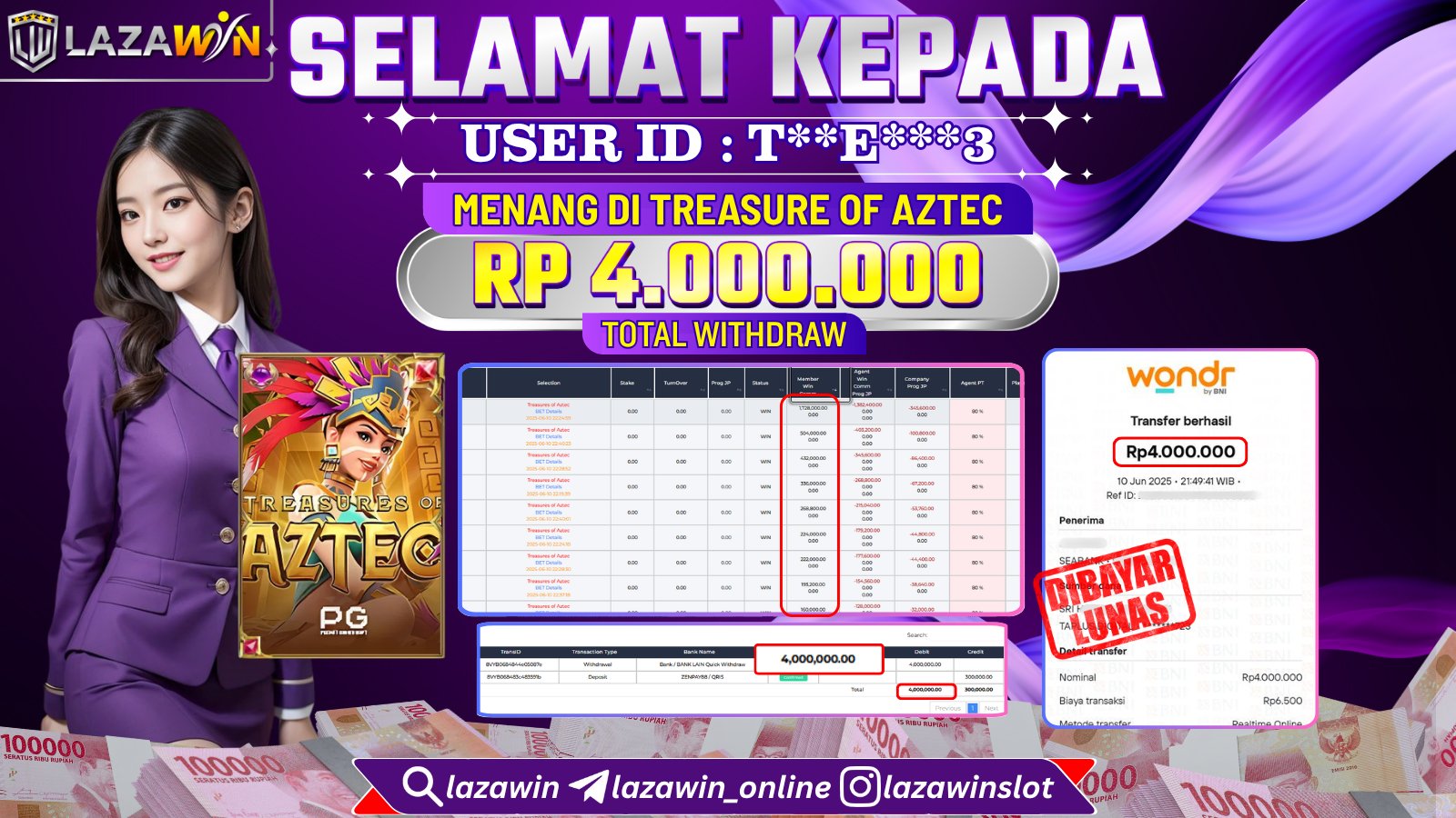 LAZAWIN JACKPOT di TREASURES OF AZTEC Rp.4.000.000,- LUNAS