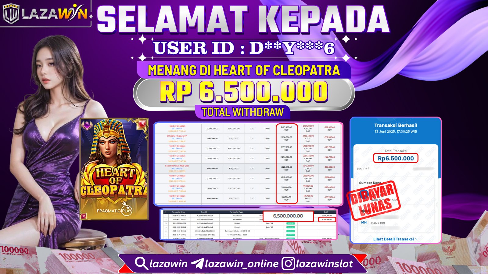 LAZAWIN JACKPOT di HEART OF CLEOPATRA Rp.6.500.000,- LUNAS