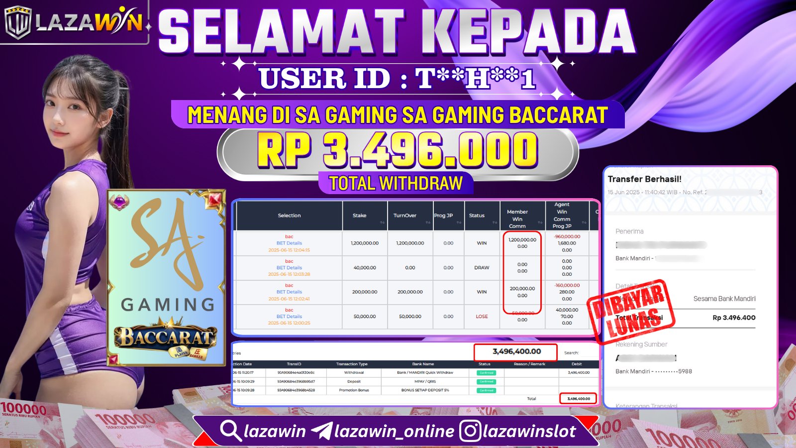 LAZAWIN JACKPOT di SA GAMING BACCARAT Rp.3.496.000,- LUNAS
