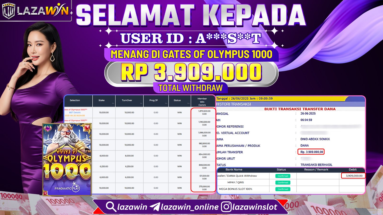 LAZAWIN JACKPOT di GATES OF OLYMPUS 1000 Rp.3.909.000,- LUNAS