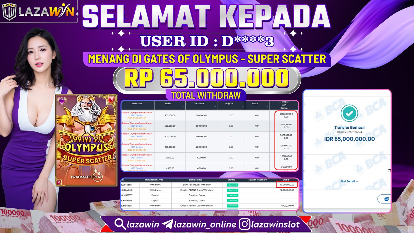 LAZAWIN JACKPOT di GATES OF OLYMPYUS - SUPER SCATTER Rp.65.000.000,- LUNAS