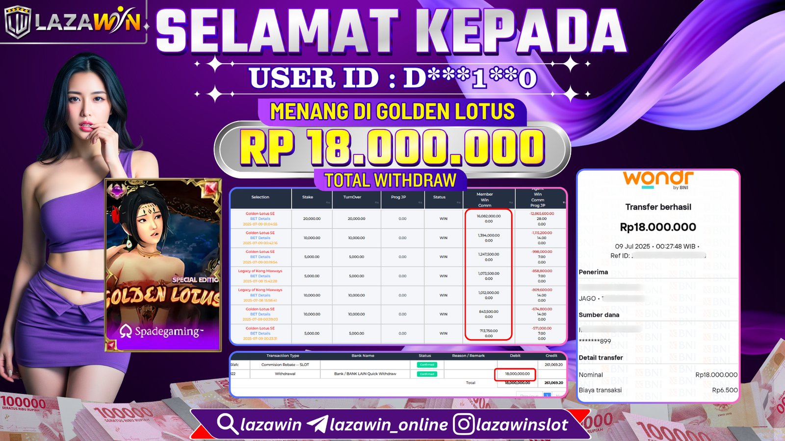 LAZAWIN JACKPOT di GOLDEN LOTUS Rp.18.000.000,- LUNAS