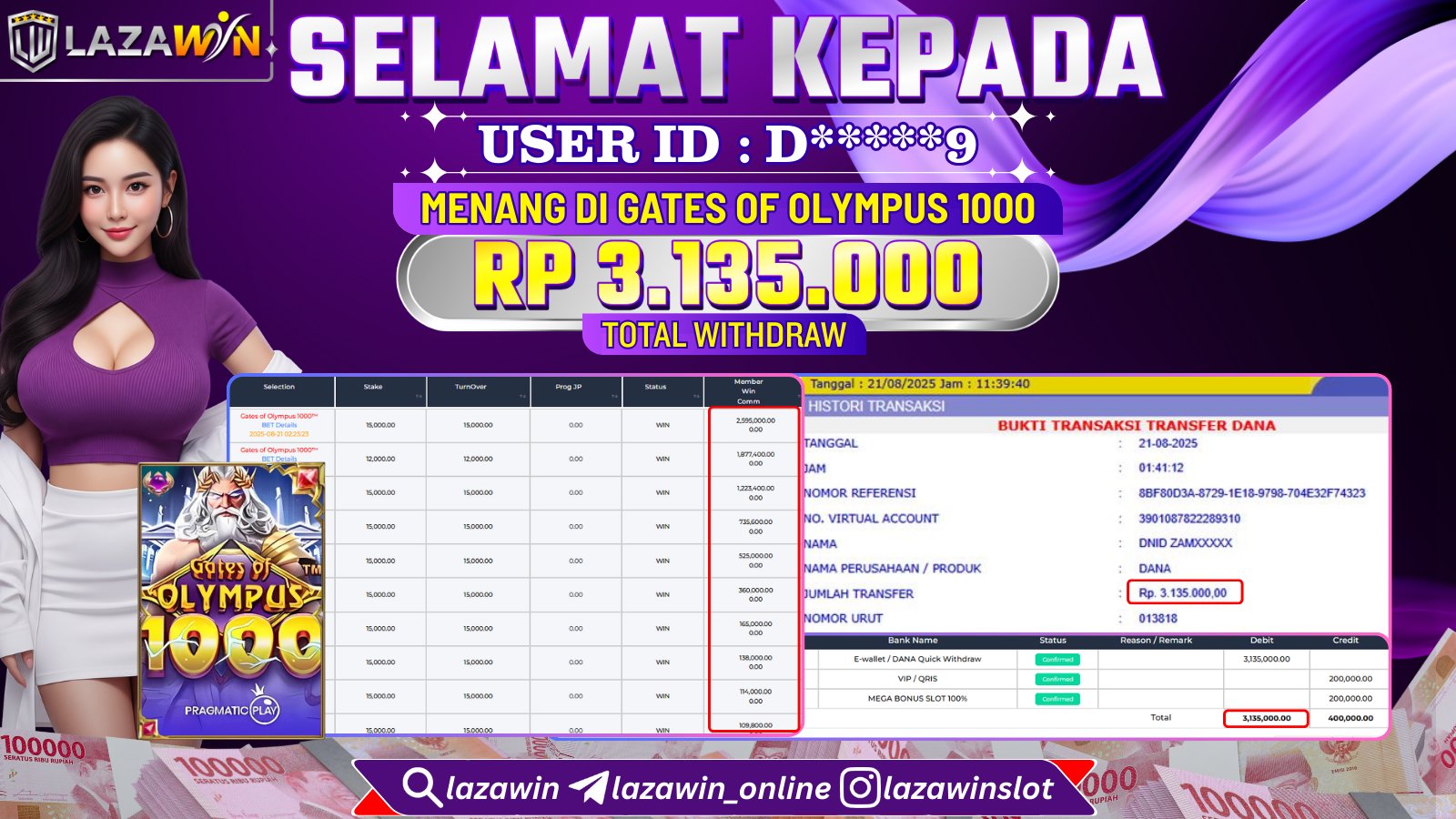 LAZAWIN JACKPOT di GATES OF OLYMPUS 1000 Rp.3.135.000,- LUNAS