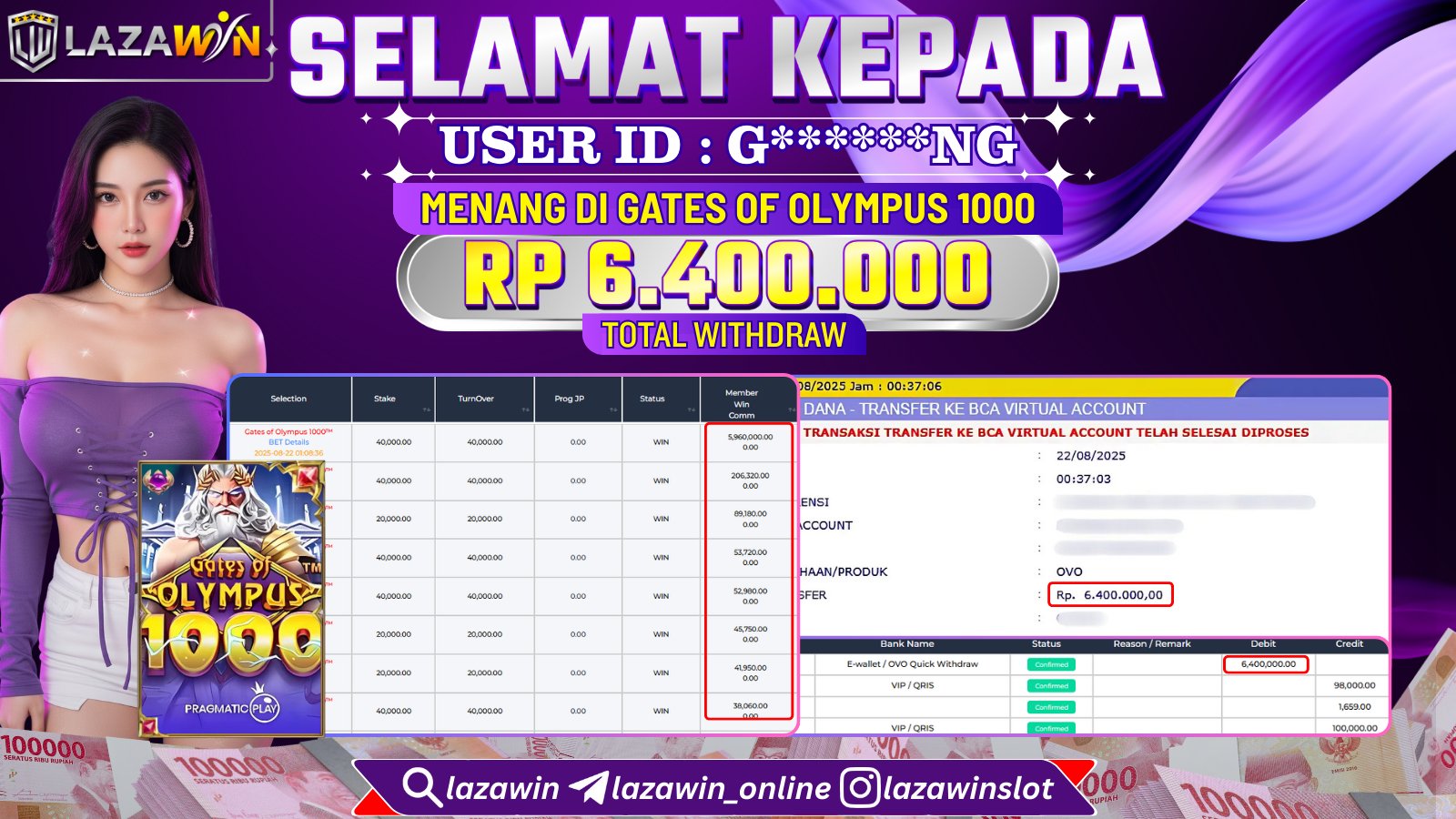 LAZAWIN JACKPOT di GATES OF OLYMPUS 1000 Rp.6.400.000,- LUNAS
