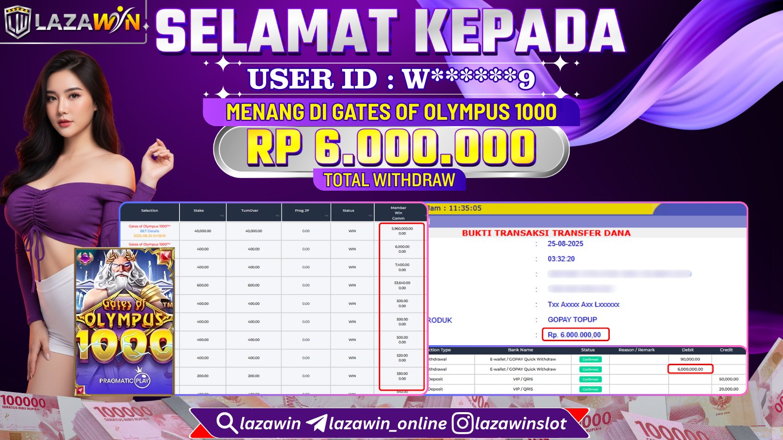 LAZAWIN JACKPOT di GATES OF OLYMPUS 1000 Rp.6.000.000,- LUNAS