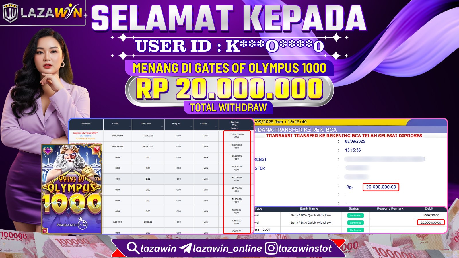 LAZAWIN JACKPOT di GATES OF OLYMPUS 1000 Rp.20.000.000,- LUNAS