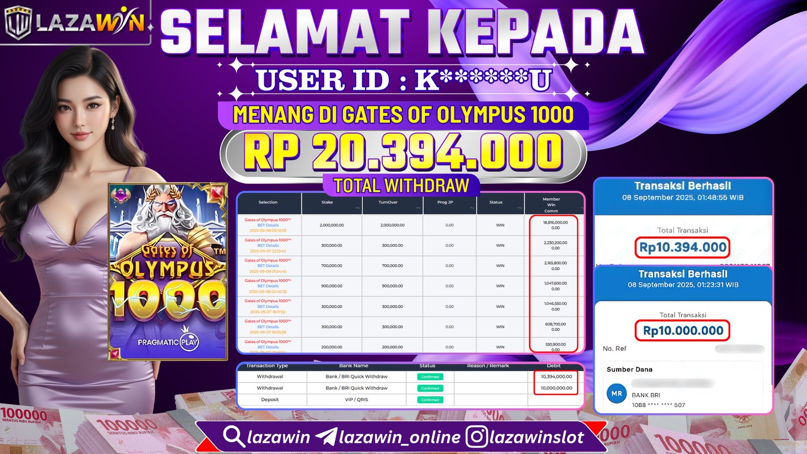 LAZAWIN JACKPOT di GATES OF OLYMPUS 1000 Rp.20.394.000,- LUNAS