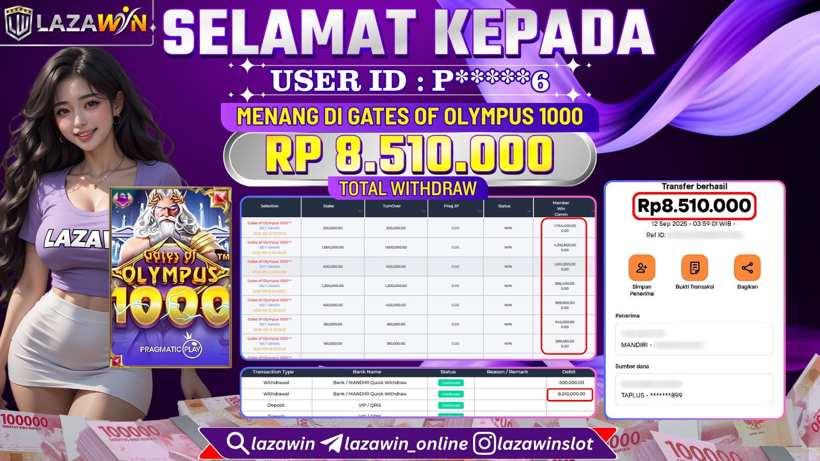 LAZAWIN JACKPOT di GATES OF OLYMPUS 1000 Rp.8.510.000,- LUNAS