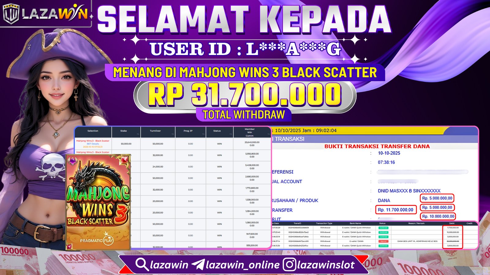 LAZAWIN JACKPOT di MAHJONG WINS 3 BLACK SCATTER Rp.31.700.000,- LUNAS