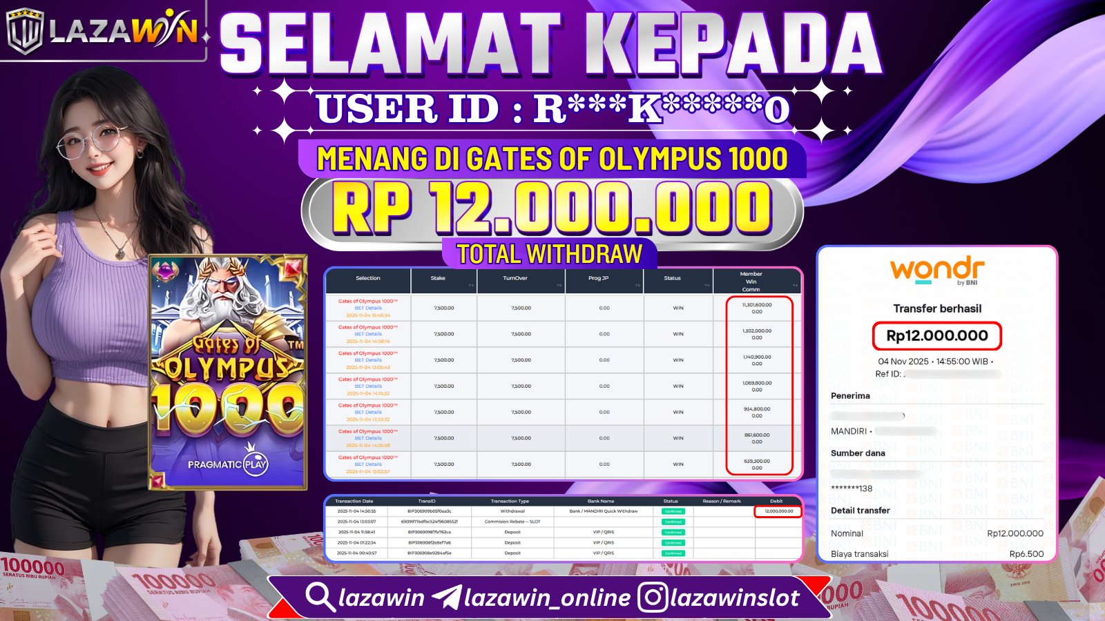 LAZAWIN JACKPOT di GATES OF OLYMPUS 1000 Rp.12.000.000,- LUNAS