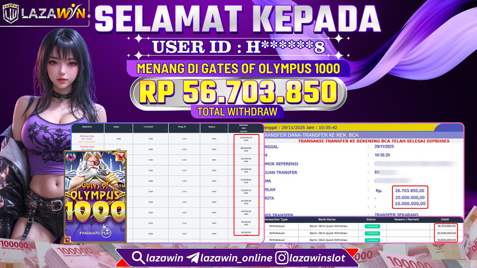 LAZAWIN JACKPOT di GATES OF OLYMPUS 1000 Rp.56.703.850,- LUNAS