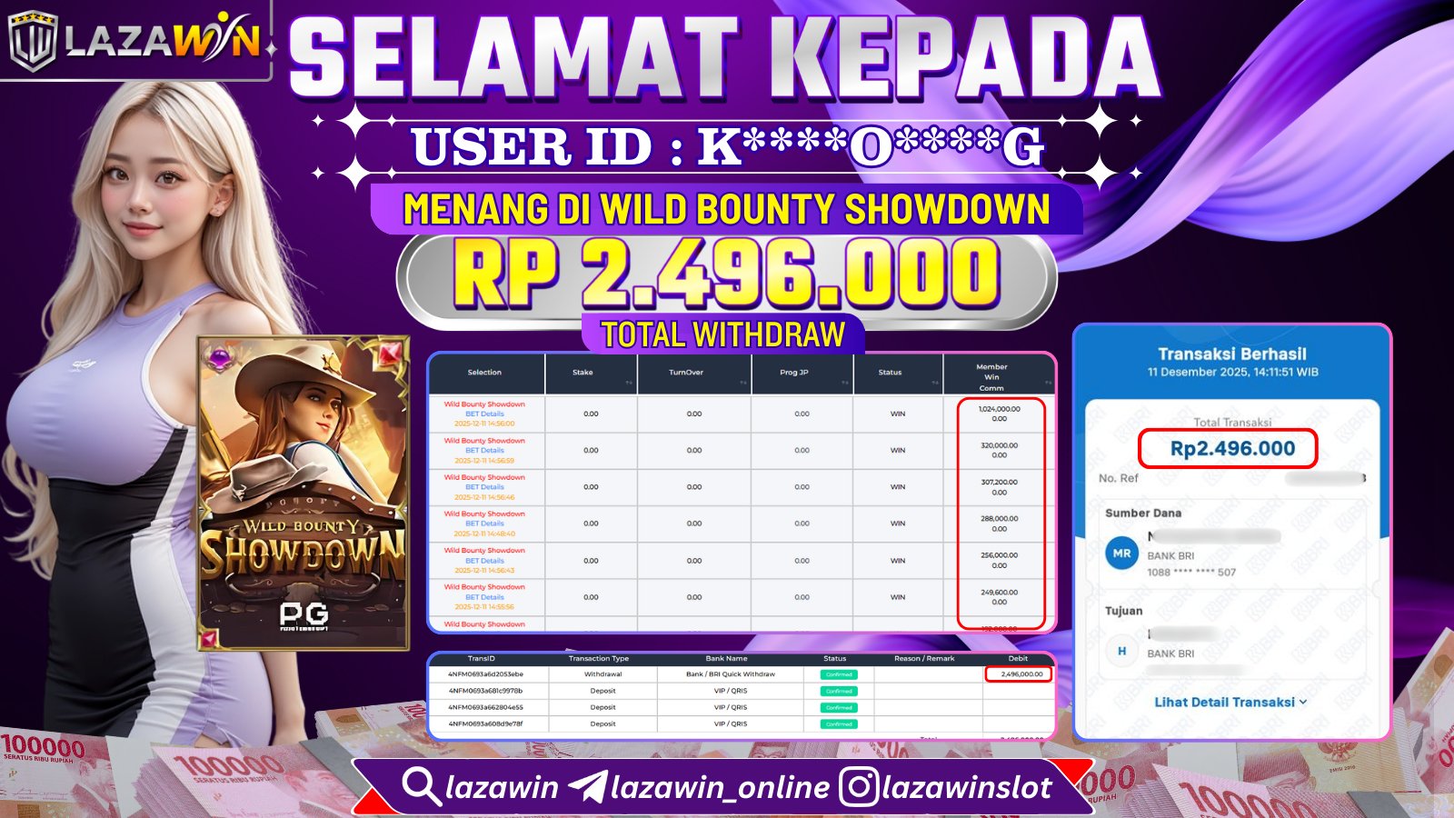 LAZAWIN JACKPOT di WILD BOUNTY SHOWDOWN Rp.2.496.000,- LUNAS