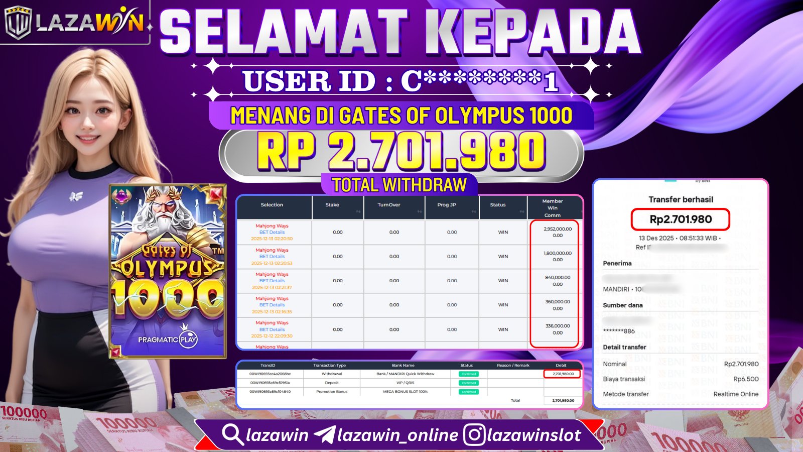 LAZAWIN JACKPOT di GATES OF OLYMPUS 1000 Rp.2.701.980,- LUNAS