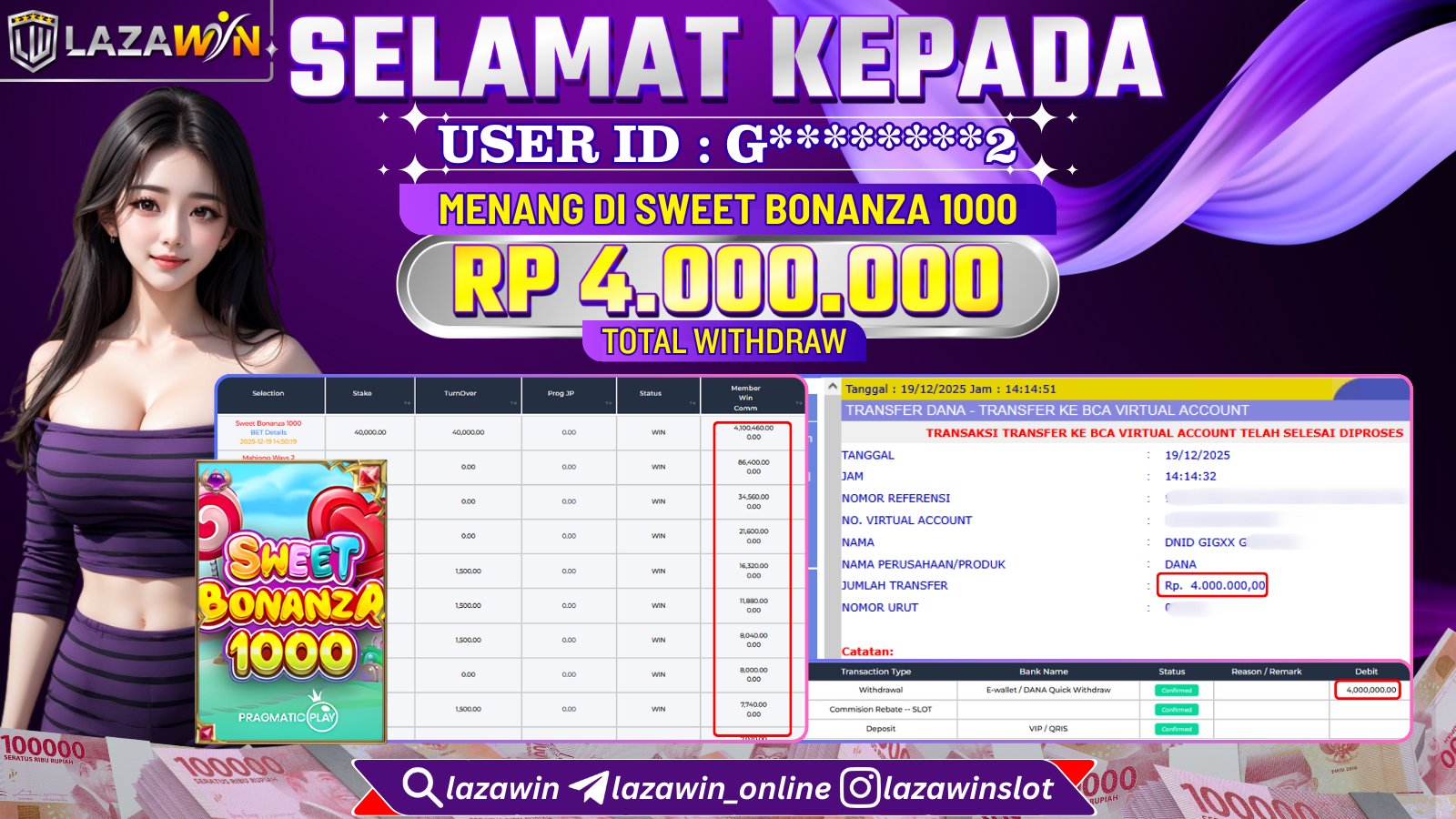 LAZAWIN JACKPOT di SWEET BONANZA 1000 Rp.4.000.000,- LUNAS