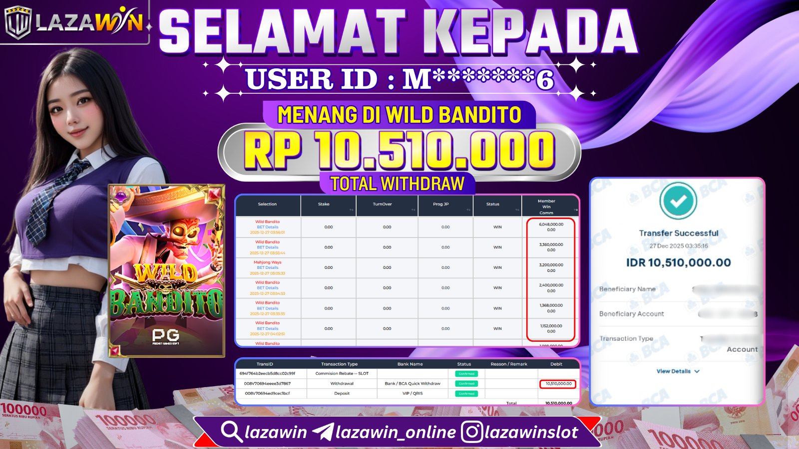 LAZAWIN JACKPOT di WILD BANDITO Rp.10.510.000,- LUNAS