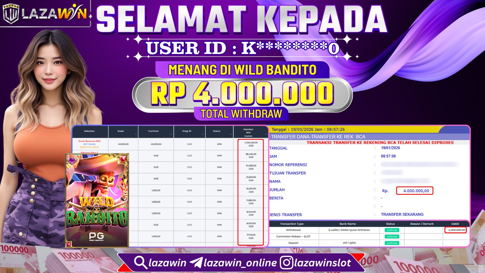 LAZAWIN JACKPOT di WILD BANDITO Rp.4.000.000,- LUNAS