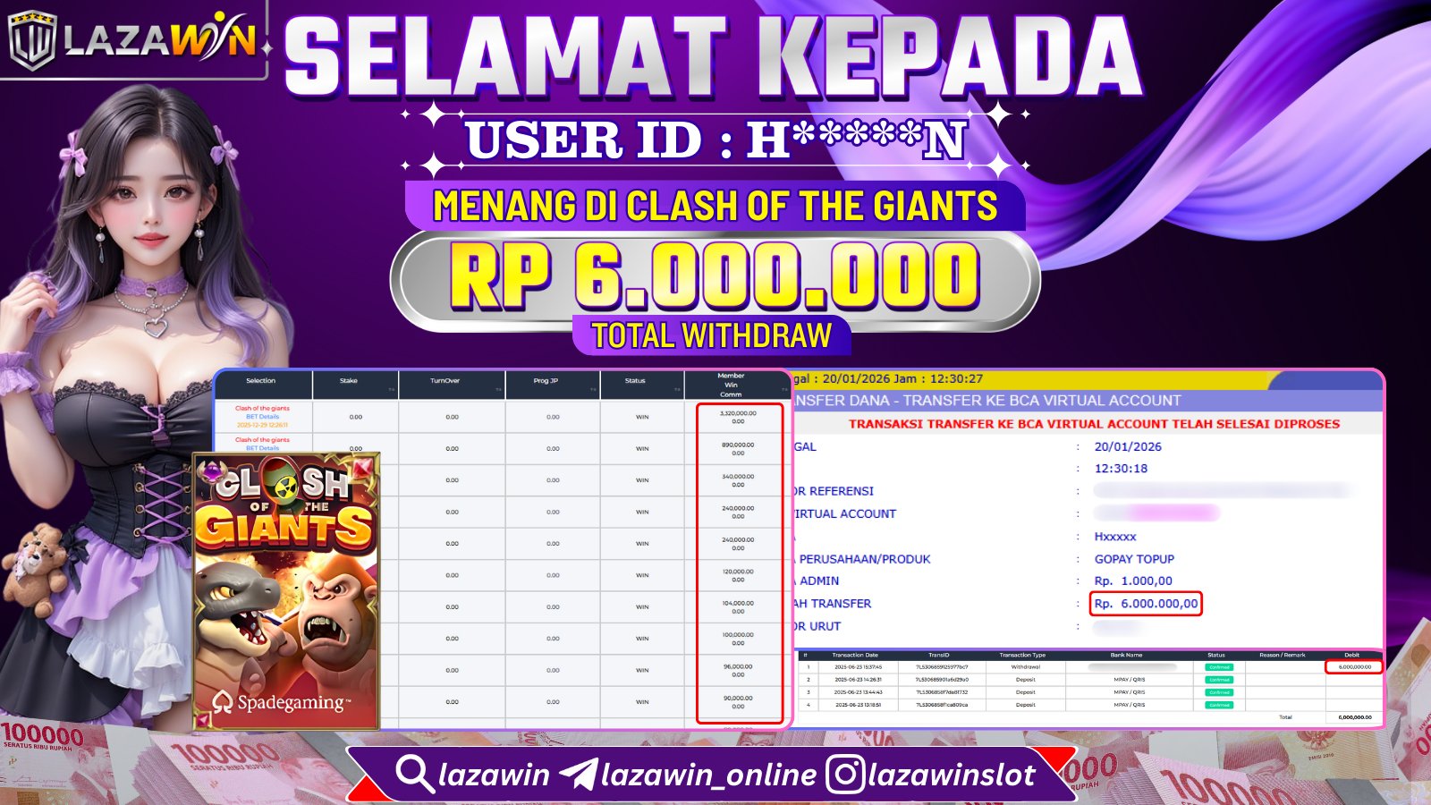 LAZAWIN JACKPOT di CLASH OF THE GIANTS Rp.6.000.000,- LUNAS
